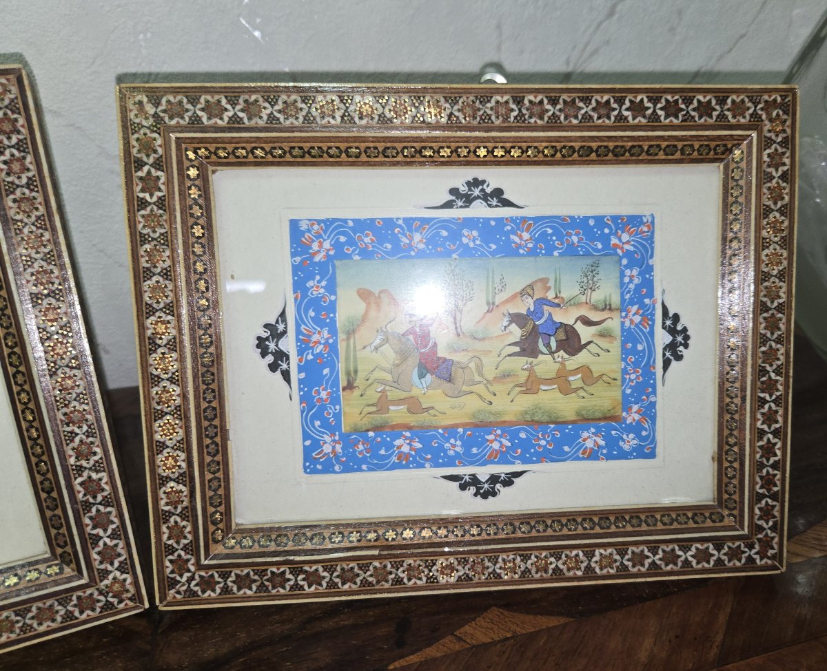 Pair Of Framed Persian Miniatures - Oriental Equestrian Scenes - Oil On Paper-photo-4