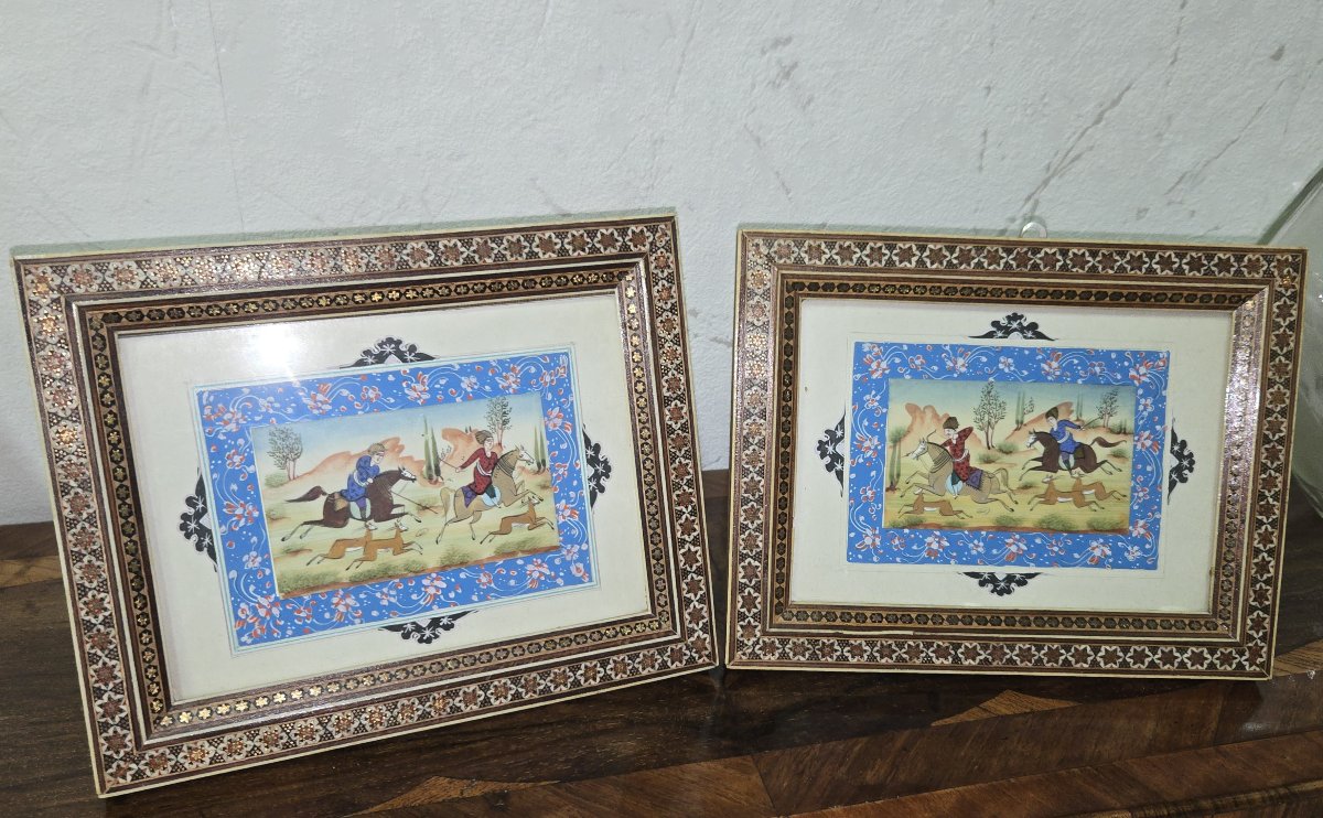 Pair Of Framed Persian Miniatures - Oriental Equestrian Scenes - Oil On Paper-photo-2