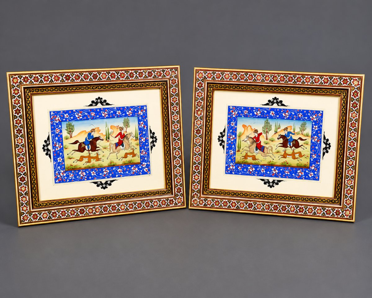 Pair Of Framed Persian Miniatures - Oriental Equestrian Scenes - Oil On Paper