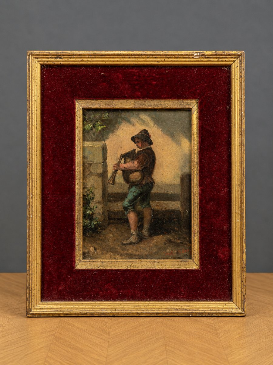 Huile sur panneau représentant un jeune joueur de cornemuse – XIXe siècle  -photo-2