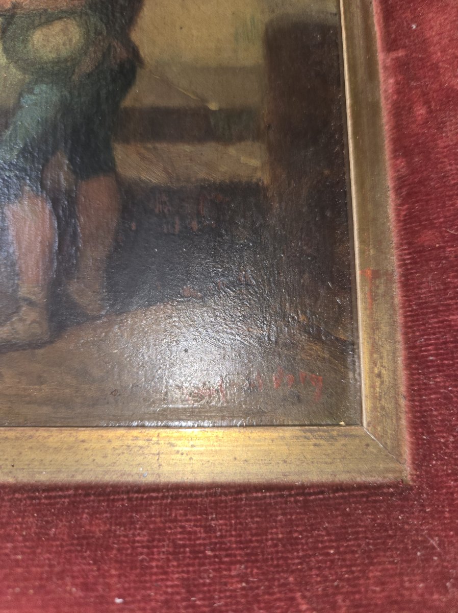 Huile sur panneau représentant un jeune joueur de cornemuse – XIXe siècle  -photo-4