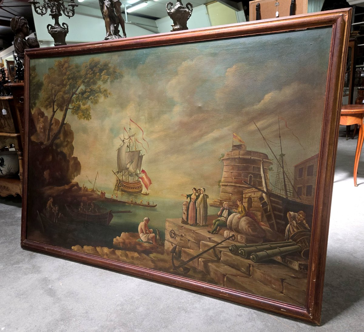 Very Large Animated Marine - Oil On Canvas In The 18th Century Style-photo-2