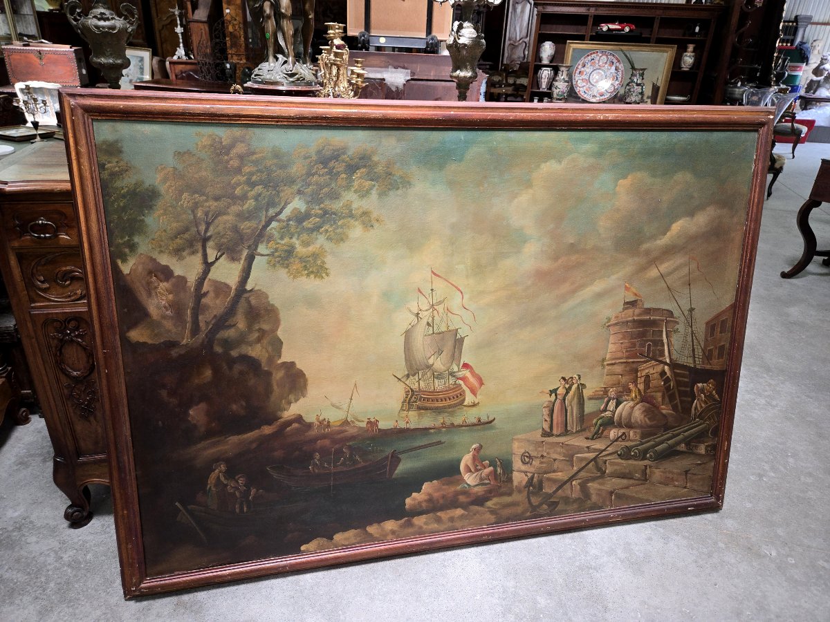 Very Large Animated Marine - Oil On Canvas In The 18th Century Style-photo-4
