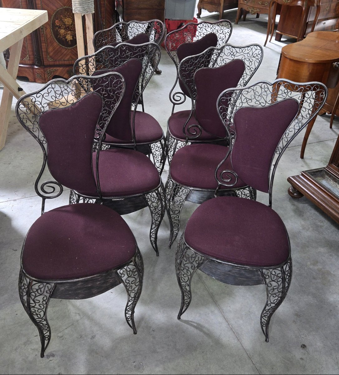 Suite de six chaises en fer forgé – Travail décoratif design 80'  -photo-4