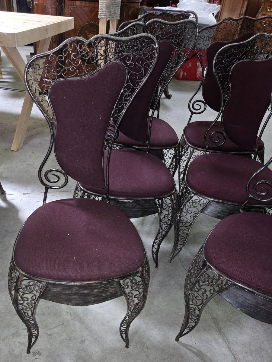Suite de six chaises en fer forgé – Travail décoratif design 80'  -photo-2