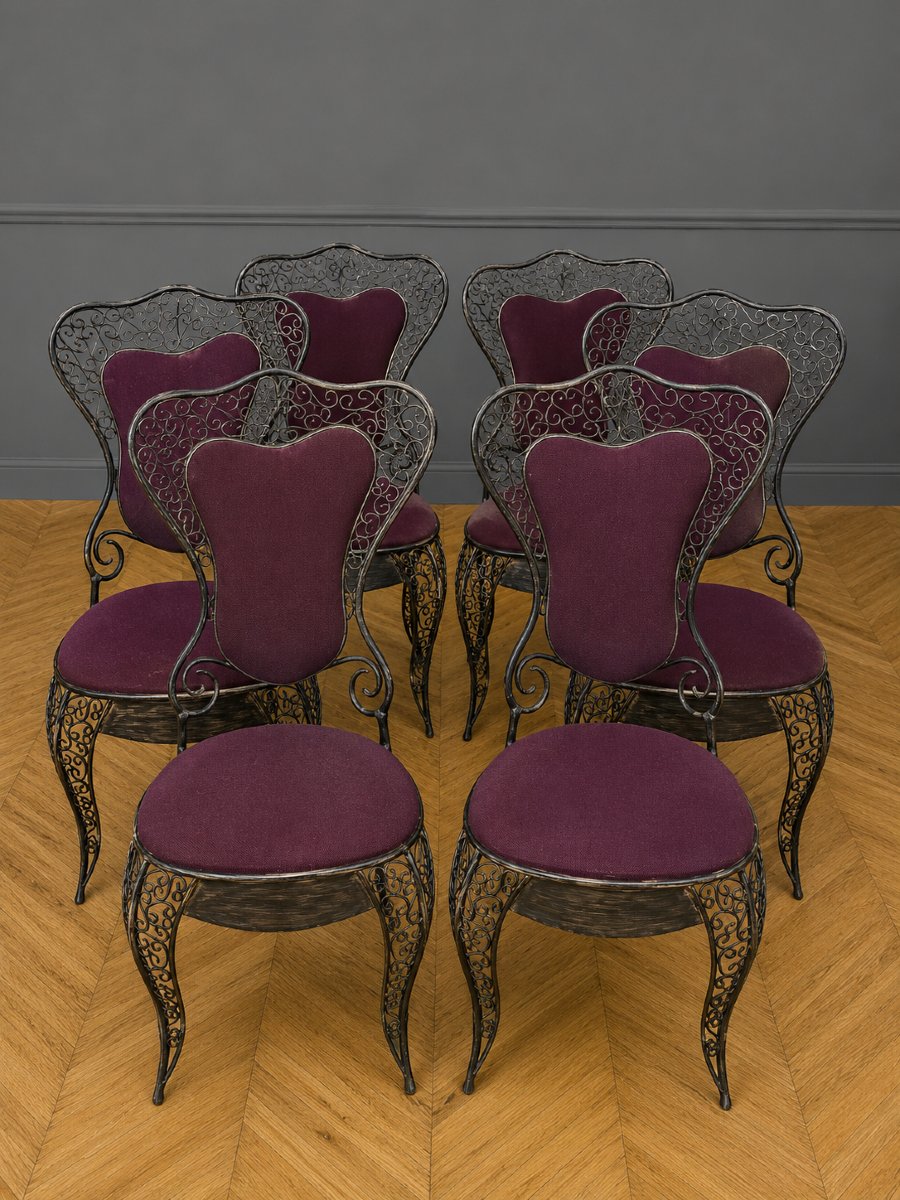 Suite de six chaises en fer forgé – Travail décoratif design 80'  