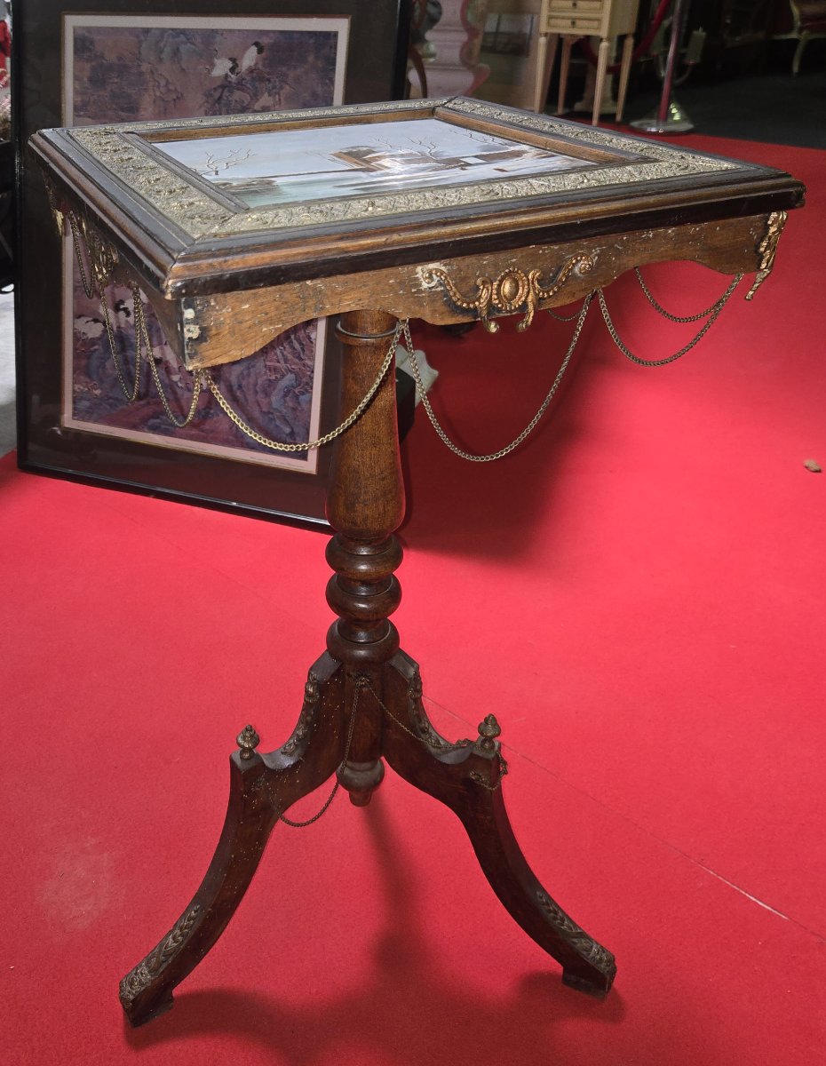 Table guéridon Napoléon III à plateau peint sur porcelaine-photo-2