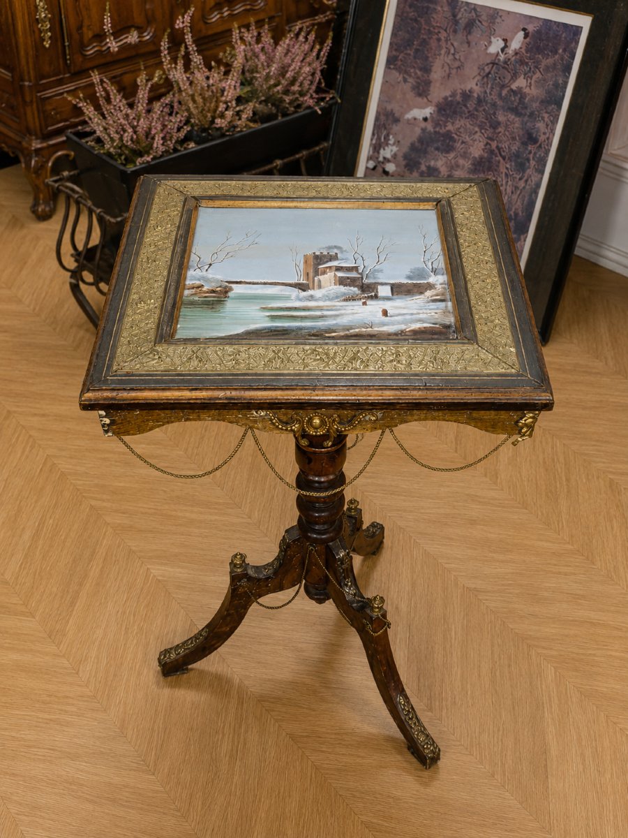 Table guéridon Napoléon III à plateau peint sur porcelaine