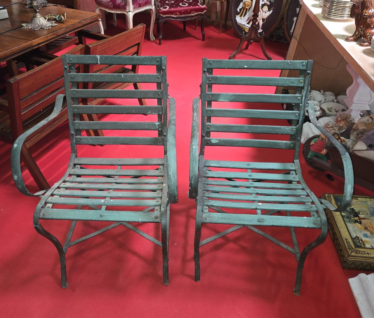 Pair Of Garden Armchairs In Wood And Iron - Antique Work, Late 19th Century-photo-3