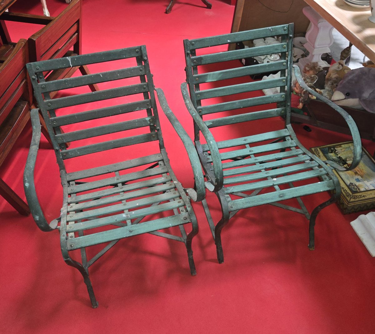 Pair Of Garden Armchairs In Wood And Iron - Antique Work, Late 19th Century-photo-1