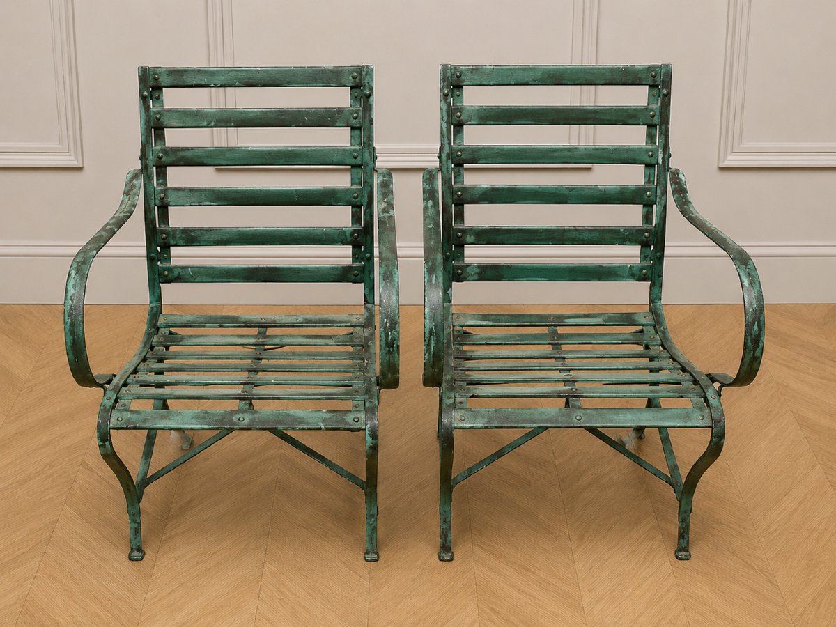 Pair Of Garden Armchairs In Wood And Iron - Antique Work, Late 19th Century