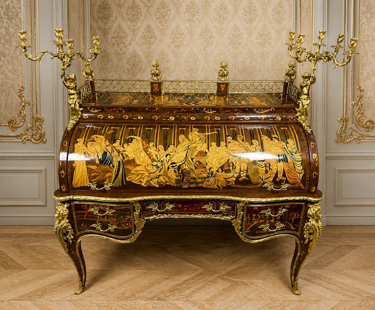 Bureau à cylindre de centre marqueté et richement orné de bronzes – Style Louis XV 