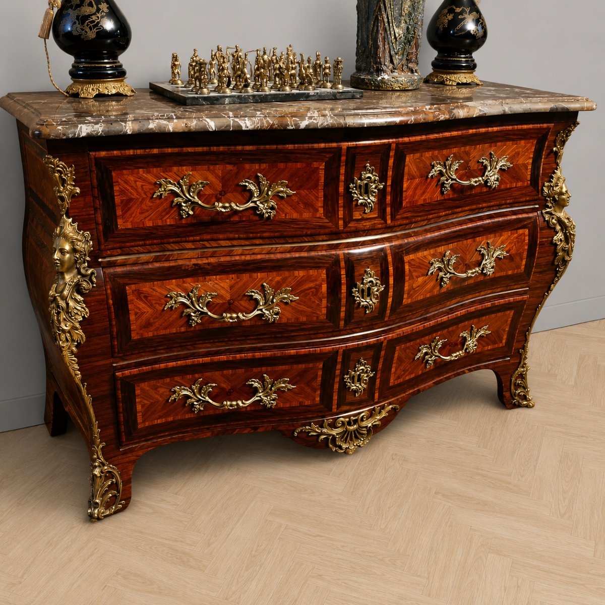 Importante commode tombeau d’époque Louis XV en marquéterie -photo-2