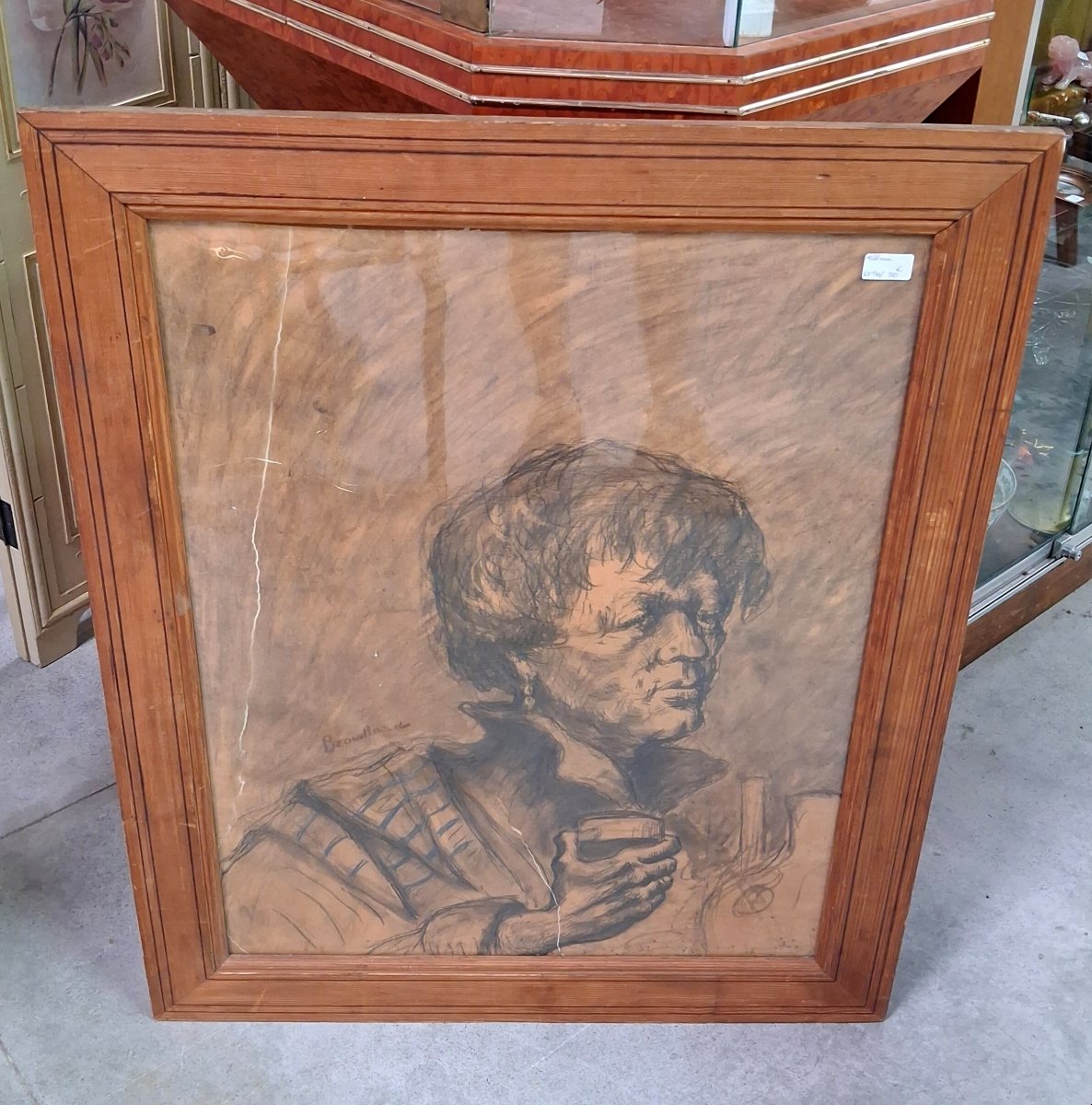 Important dessin au fusain sur papier – Portrait de femme au verre – Signé et daté 1947  -photo-3