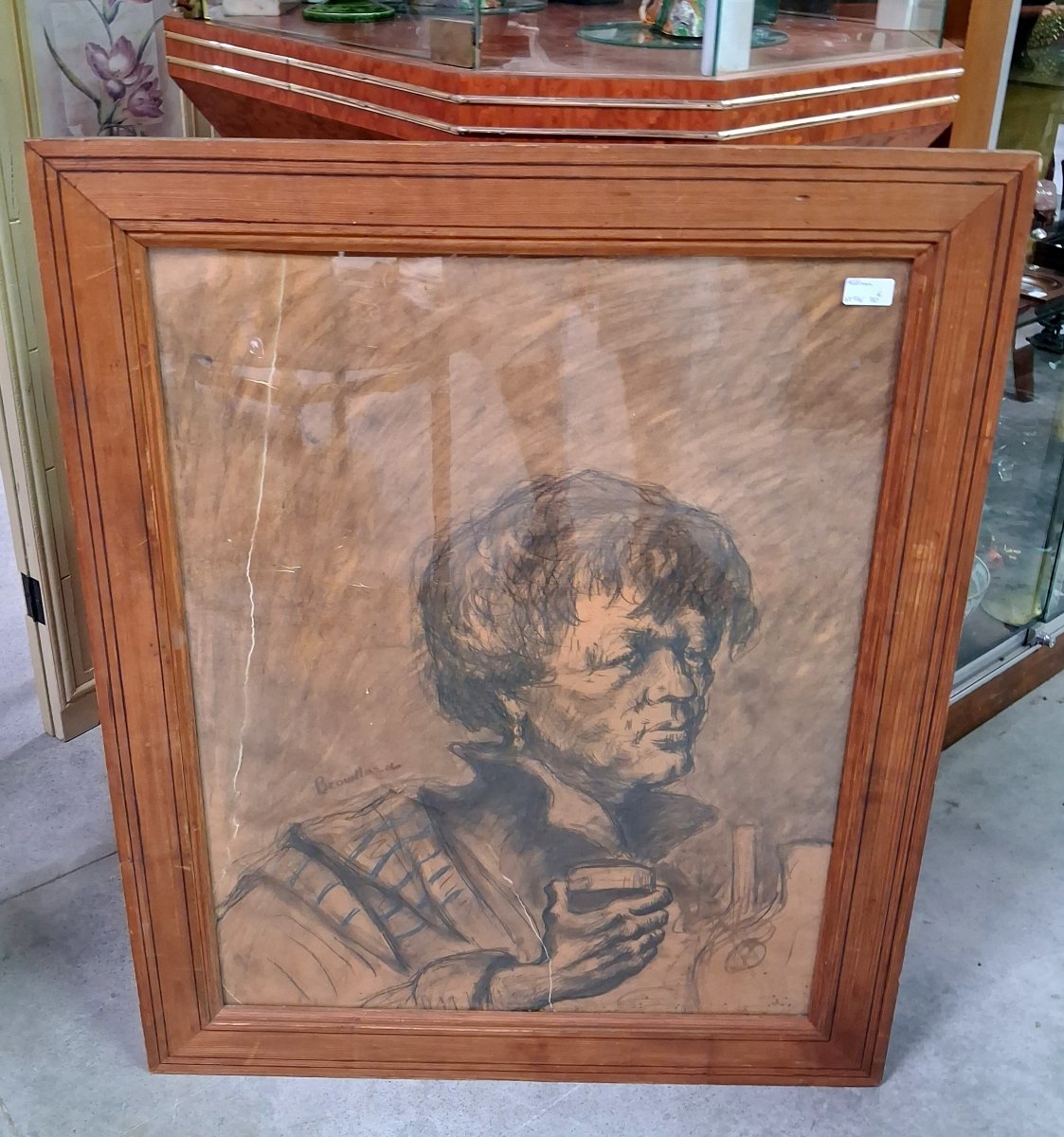 Important dessin au fusain sur papier – Portrait de femme au verre – Signé et daté 1947  -photo-4