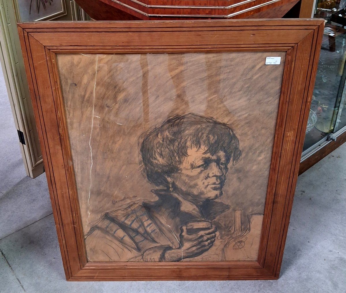 Important dessin au fusain sur papier – Portrait de femme au verre – Signé et daté 1947  -photo-1