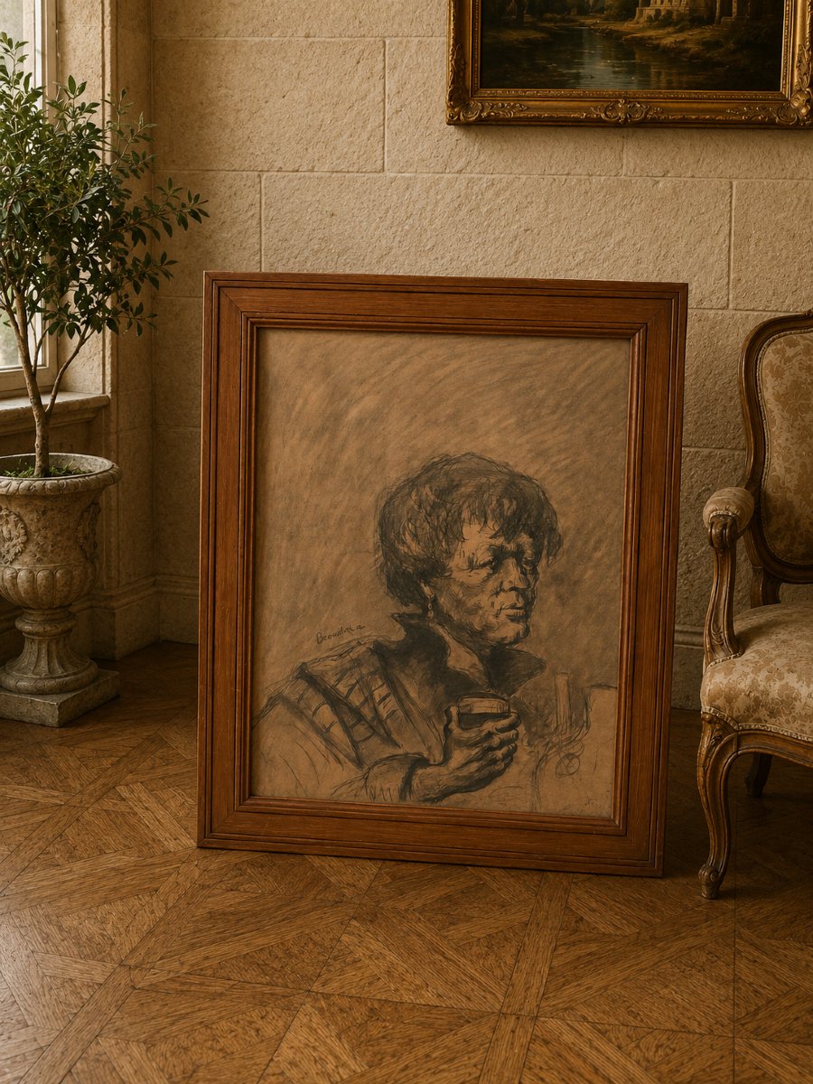 Important dessin au fusain sur papier – Portrait de femme au verre – Signé et daté 1947  -photo-2
