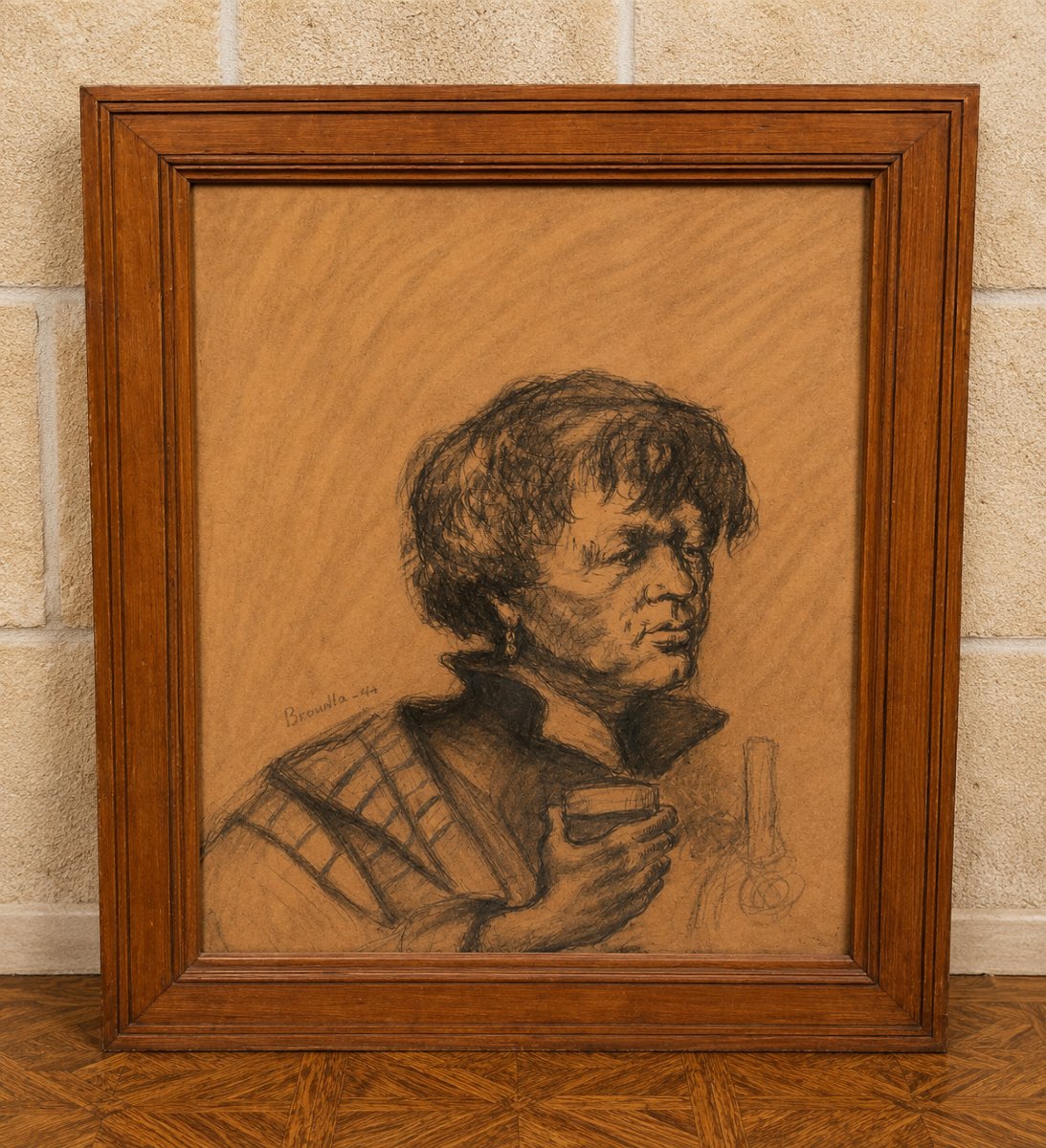 Important dessin au fusain sur papier – Portrait de femme au verre – Signé et daté 1947  