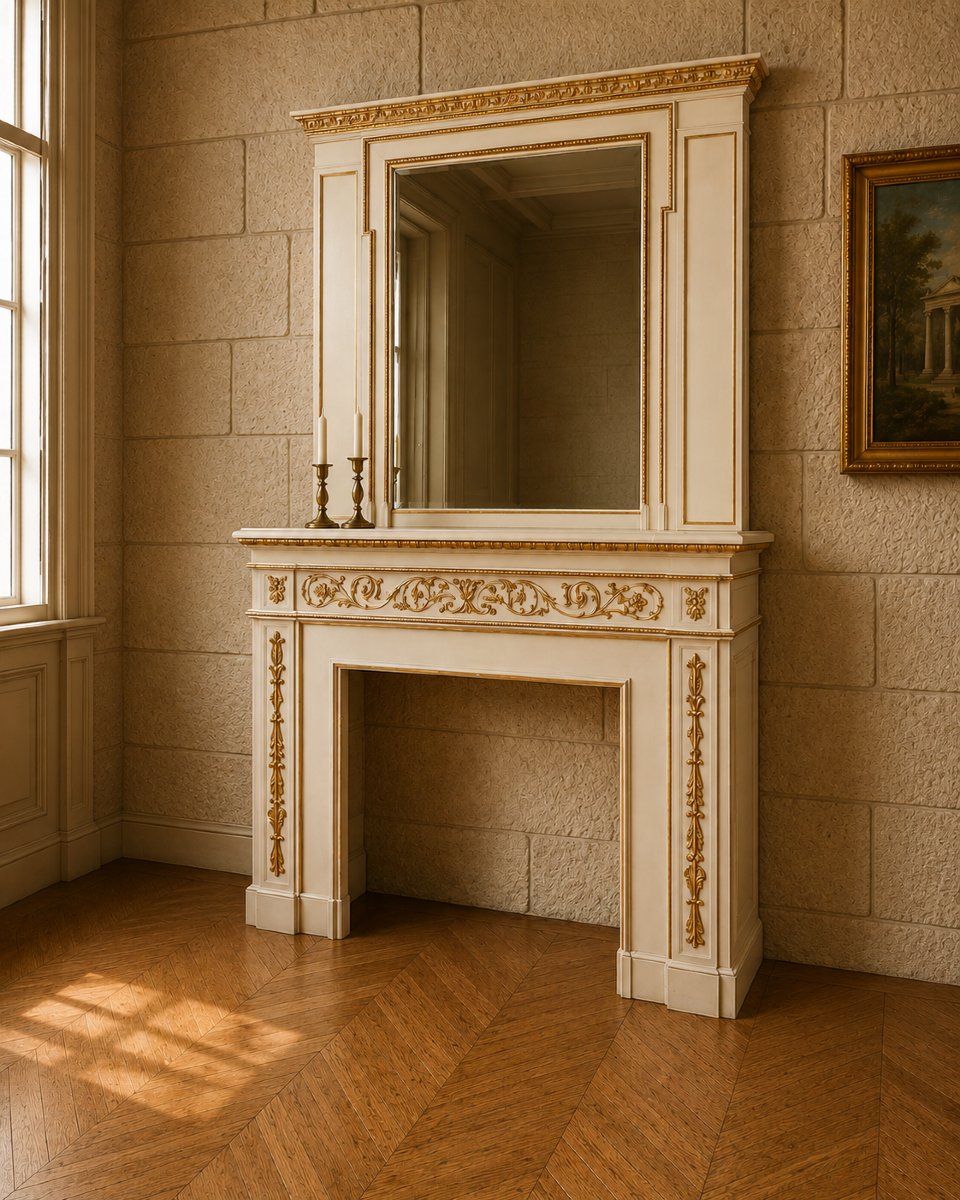 Importante cheminée de style Louis XVI, avec son trumeau le tout en bois laqué rechampi or  -photo-3
