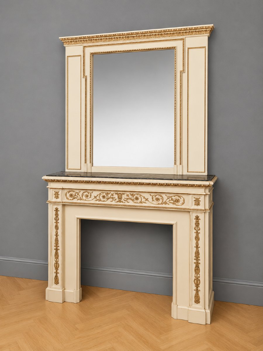 Importante cheminée de style Louis XVI, avec son trumeau le tout en bois laqué rechampi or  -photo-4