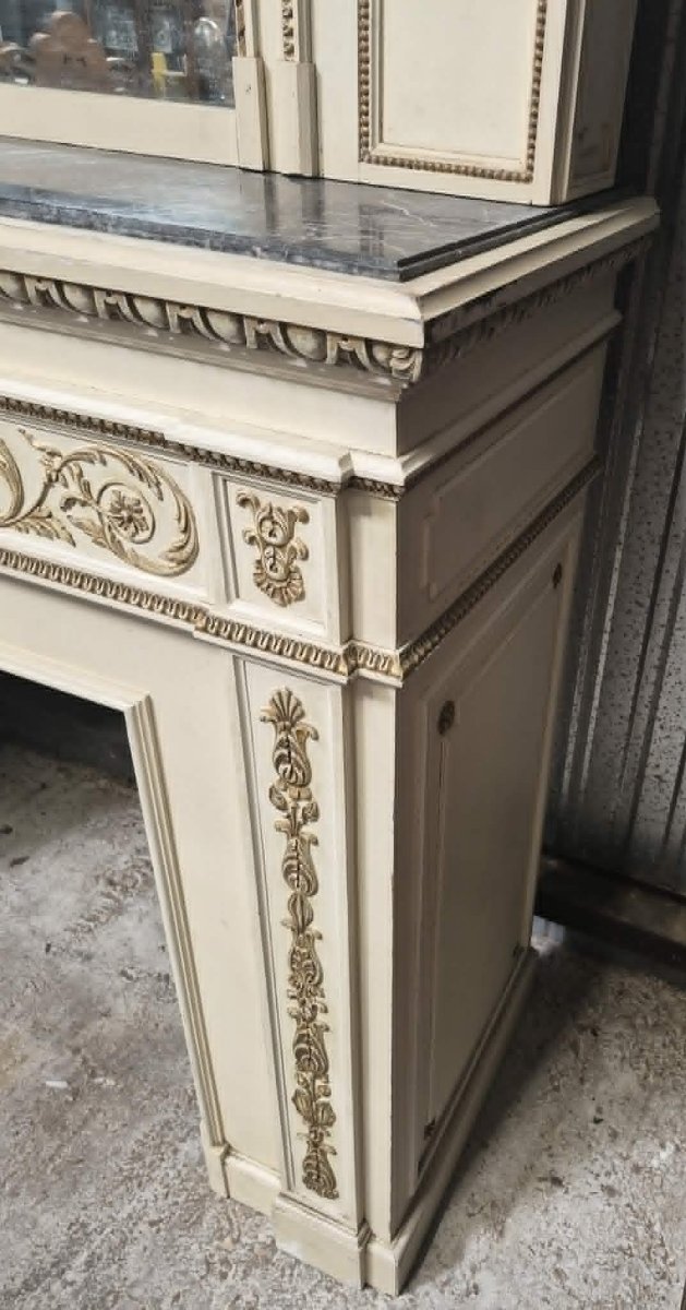 Importante cheminée de style Louis XVI, avec son trumeau le tout en bois laqué rechampi or  -photo-6
