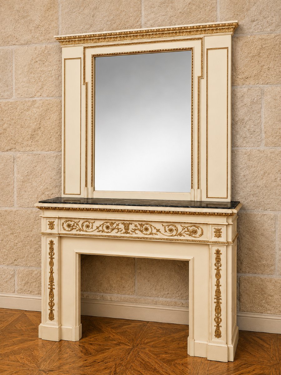Importante cheminée de style Louis XVI, avec son trumeau le tout en bois laqué rechampi or  