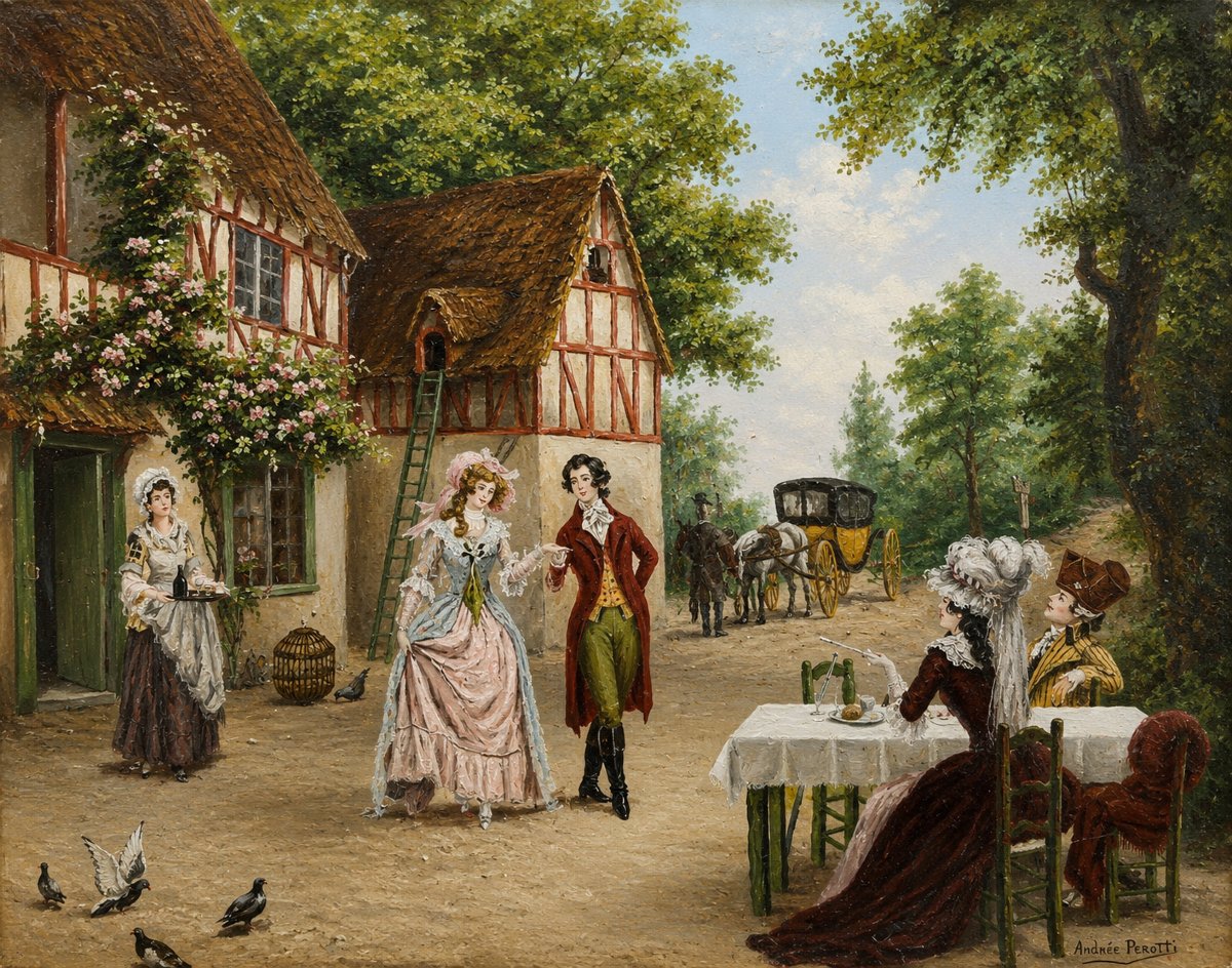 Andrée Perotti – Scène Galante Dans Le Goût Du XVIIIᵉ Siècle  Huile sur toile signée -photo-2