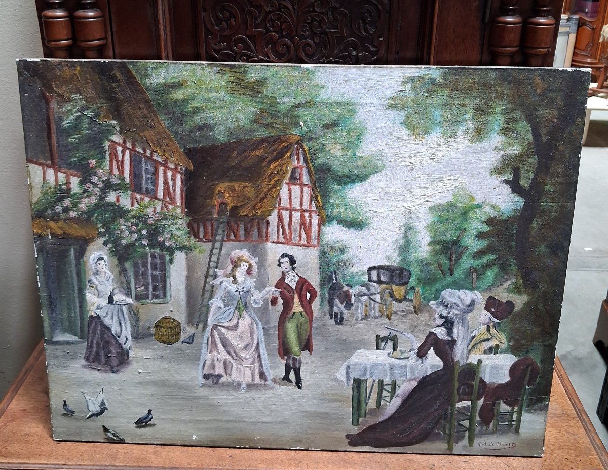 Andrée Perotti – Scène Galante Dans Le Goût Du XVIIIᵉ Siècle  Huile sur toile signée -photo-1