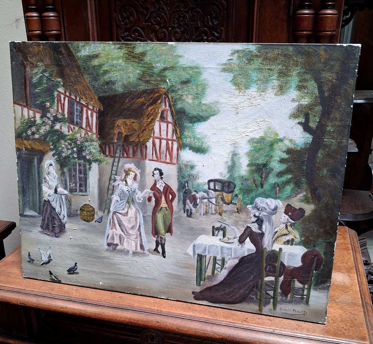 Andrée Perotti – Scène Galante Dans Le Goût Du XVIIIᵉ Siècle  Huile sur toile signée -photo-6