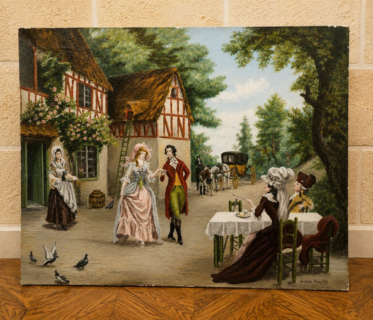 Andrée Perotti – Scène Galante Dans Le Goût Du XVIIIᵉ Siècle  Huile sur toile signée 