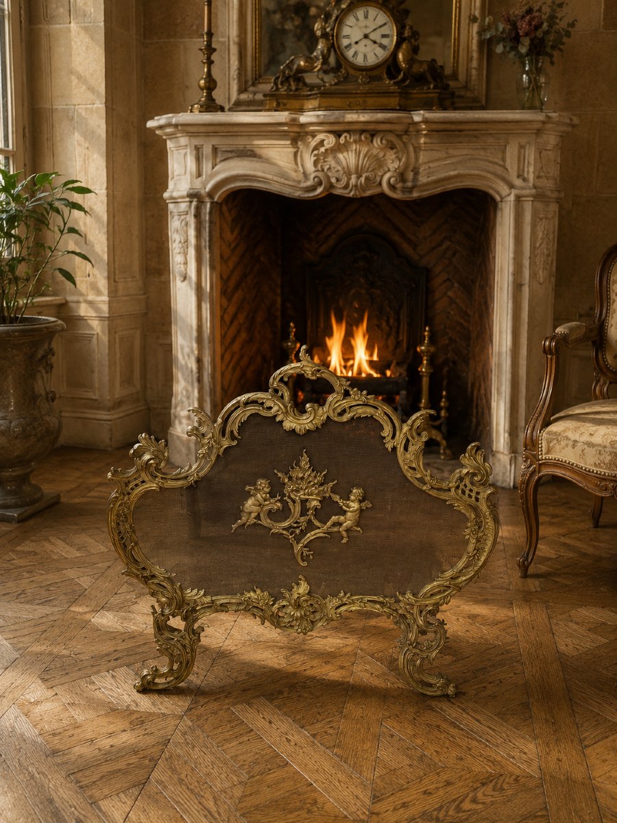 Large Gilded Bronze Fireplace Screen With Putti Motifs And Openwork Rocaille Decoration-photo-3