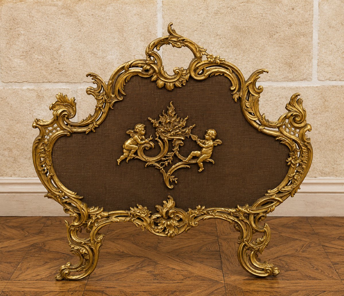Large Gilded Bronze Fireplace Screen With Putti Motifs And Openwork Rocaille Decoration