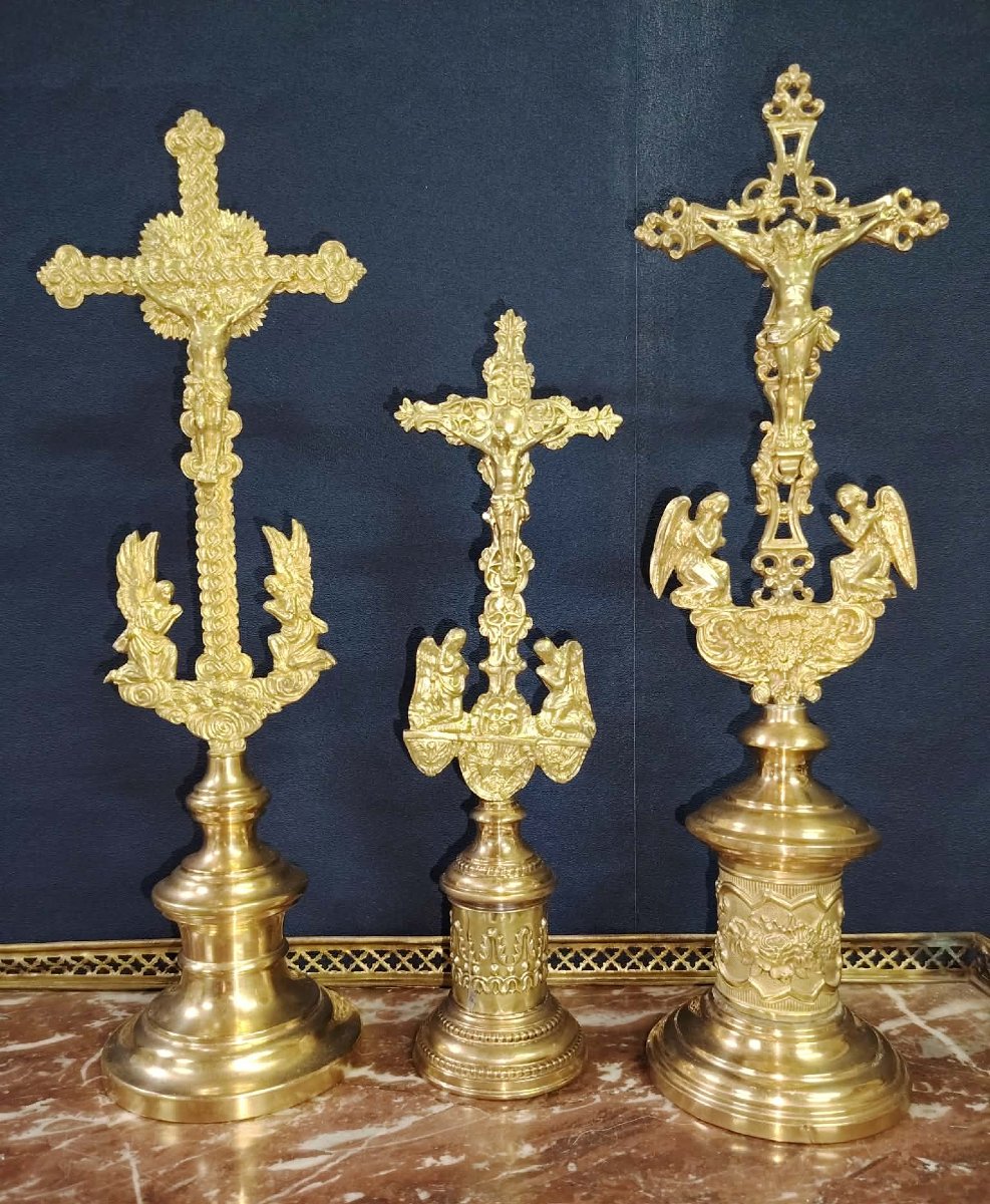 Three Gilded Bronze Altar Crosses, 19th Century -photo-2
