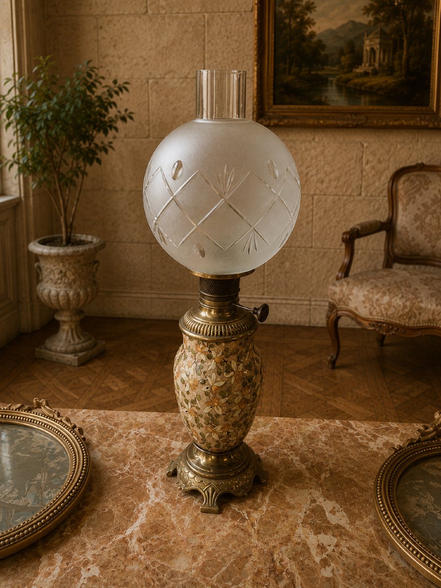 Lampe à pétrole en faïence émaillée à décor floral en relief-photo-2