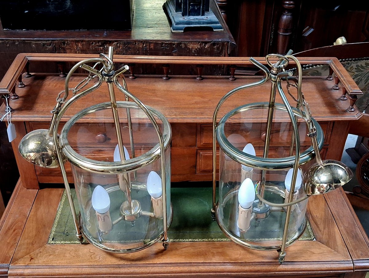 Paire de lanternes suspendues en laiton poli et verre cylindrique-photo-4