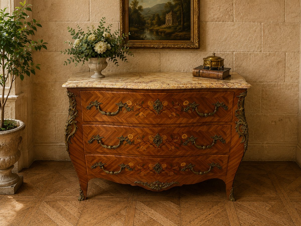 Commode galbée de style Louis XV en marquéterie 
