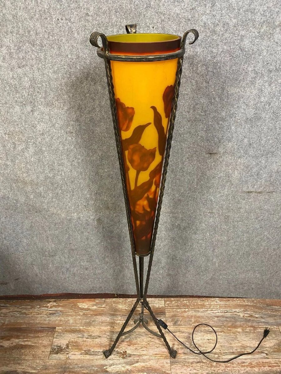 lampadaire Art Nouveau en fer forgé et pâte de verre-photo-3