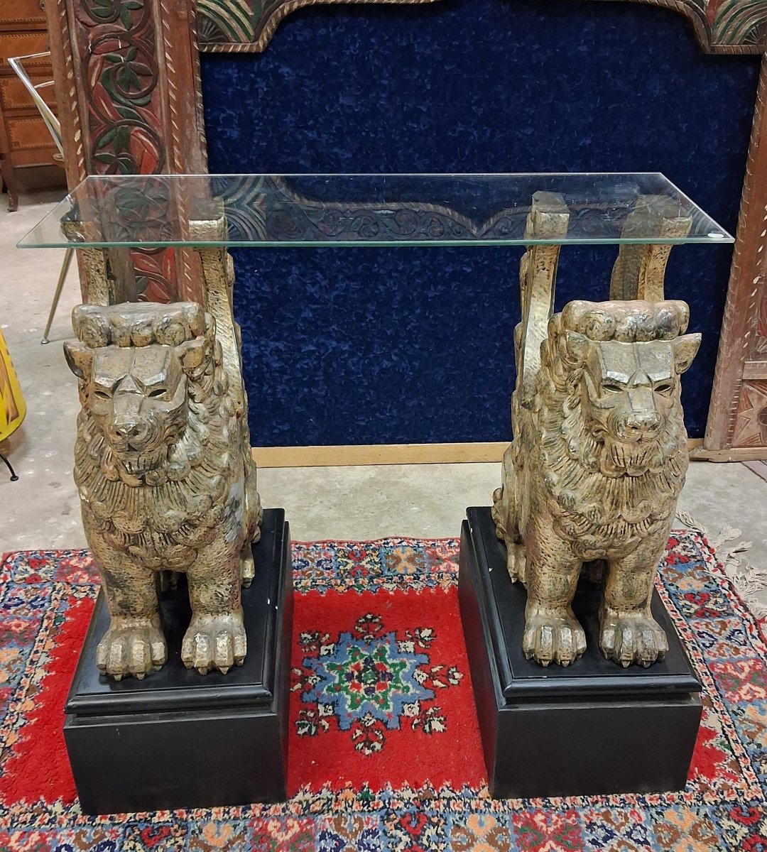 Console aux lions gardiens en bois sculpté-photo-3
