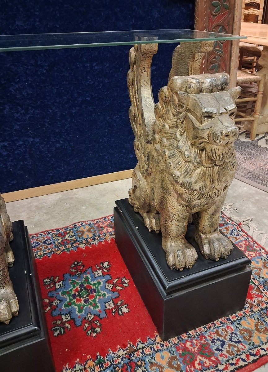 Console aux lions gardiens en bois sculpté-photo-1