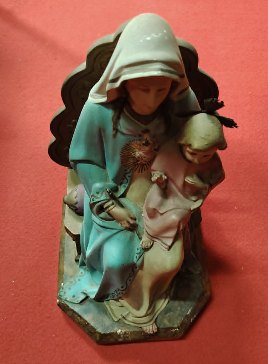 Virgin Of The Sacred Heart And The Infant Jesus – Polychrome Plaster Statue-photo-2