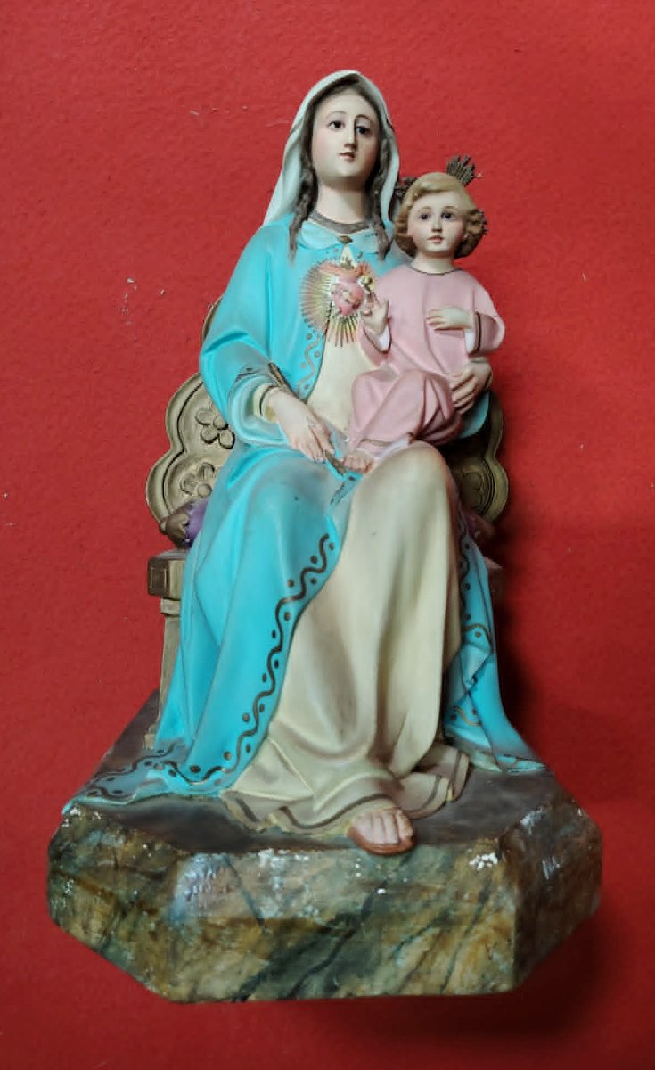 Virgin Of The Sacred Heart And The Infant Jesus – Polychrome Plaster Statue-photo-3