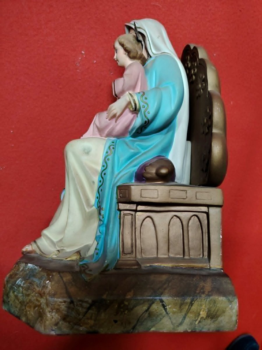 Virgin Of The Sacred Heart And The Infant Jesus – Polychrome Plaster Statue-photo-3