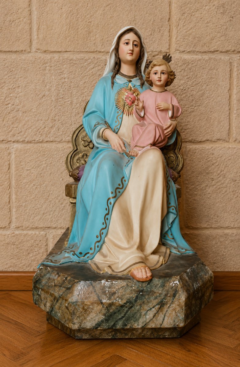 Virgin Of The Sacred Heart And The Infant Jesus – Polychrome Plaster Statue