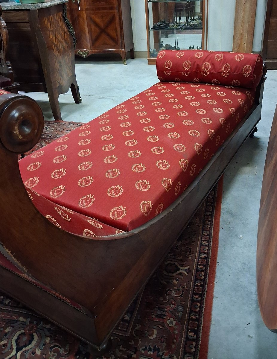 Méridienne ou Récamier époque Empire - Restauration en acajou flammé-photo-3