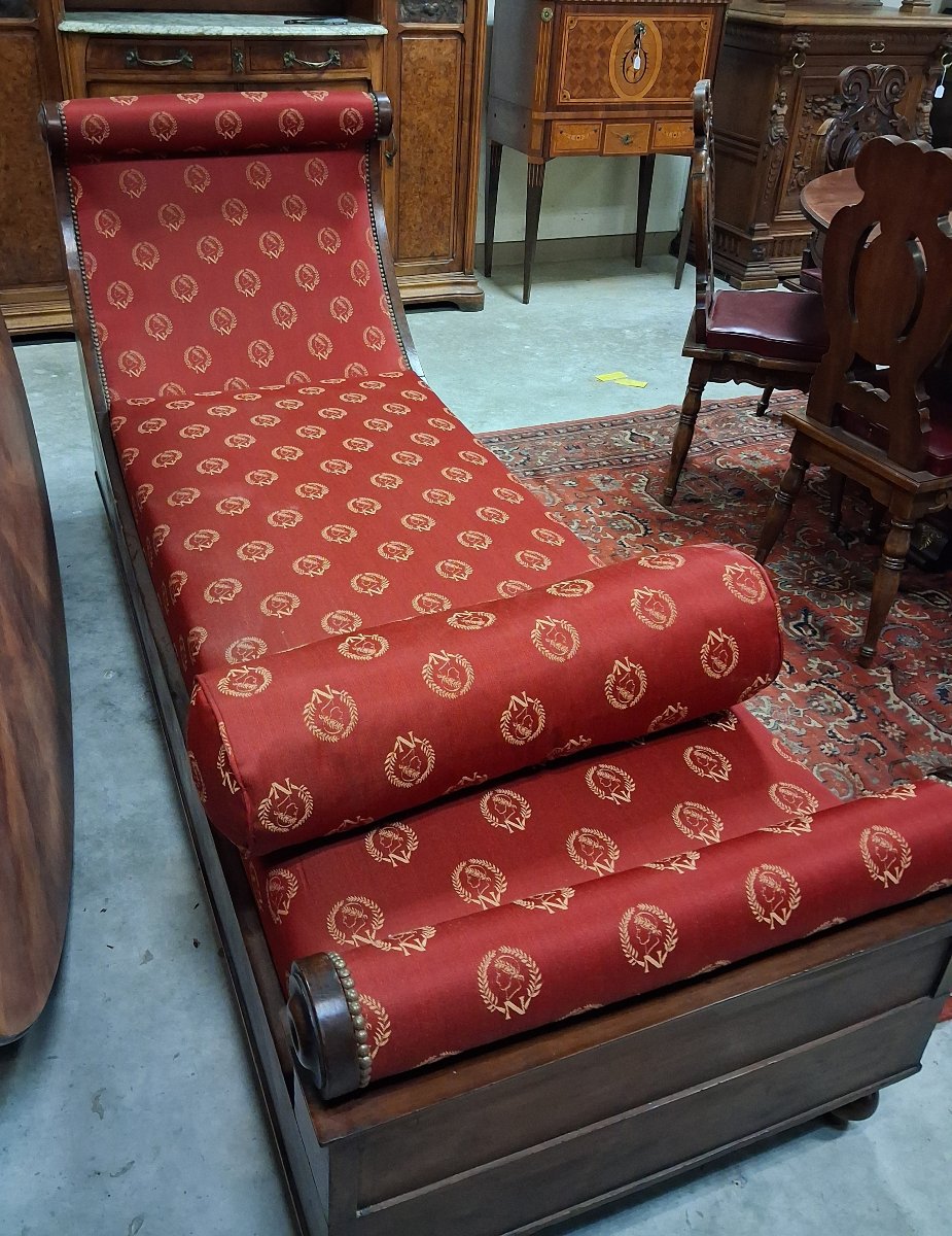 Méridienne ou Récamier époque Empire - Restauration en acajou flammé-photo-4