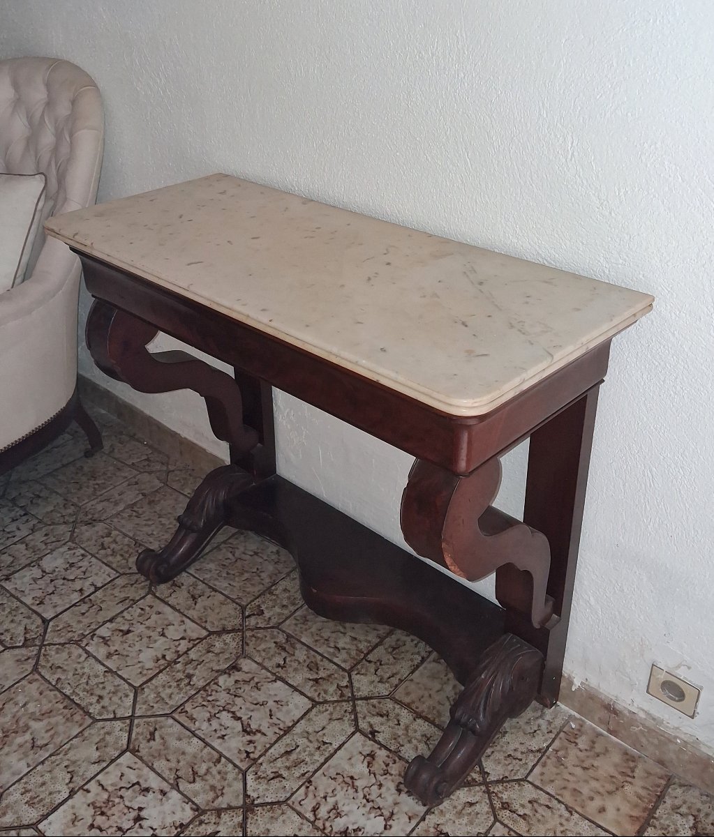 Empire Console Table In Mahogany And White Marble – Restoration Period -photo-3