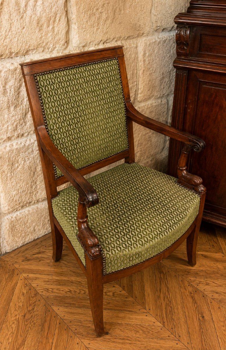 Fauteuil Empire aux dauphins En Acajou, Accotoirs à Consoles Sculptées