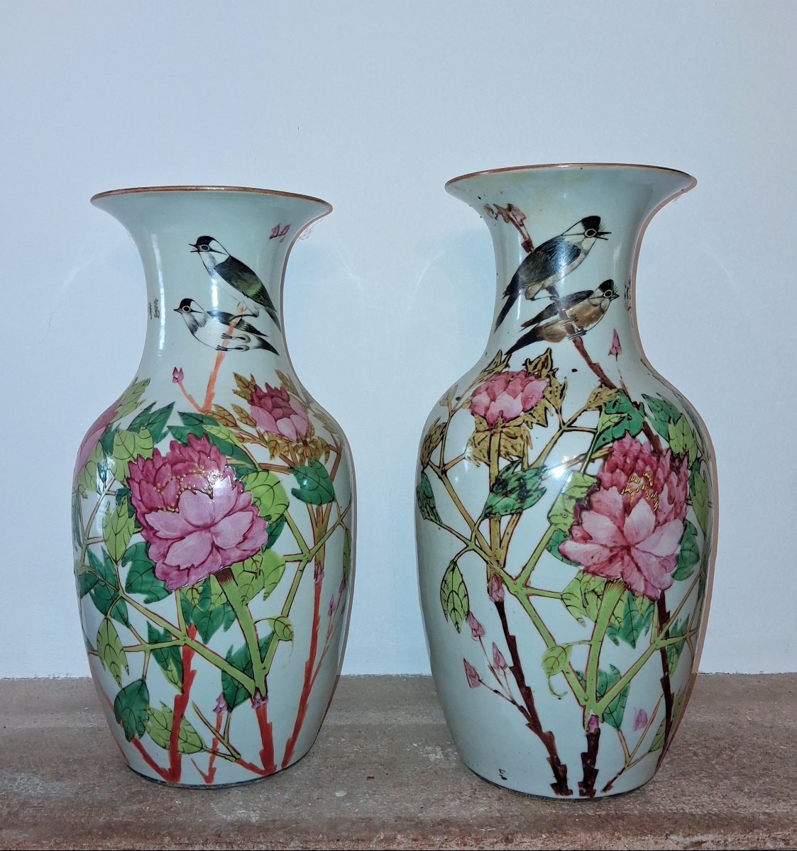 aire De Grands Vases Chinois En Porcelaine Décor Floral Et Oiseaux, XIXe Siècle  -photo-2