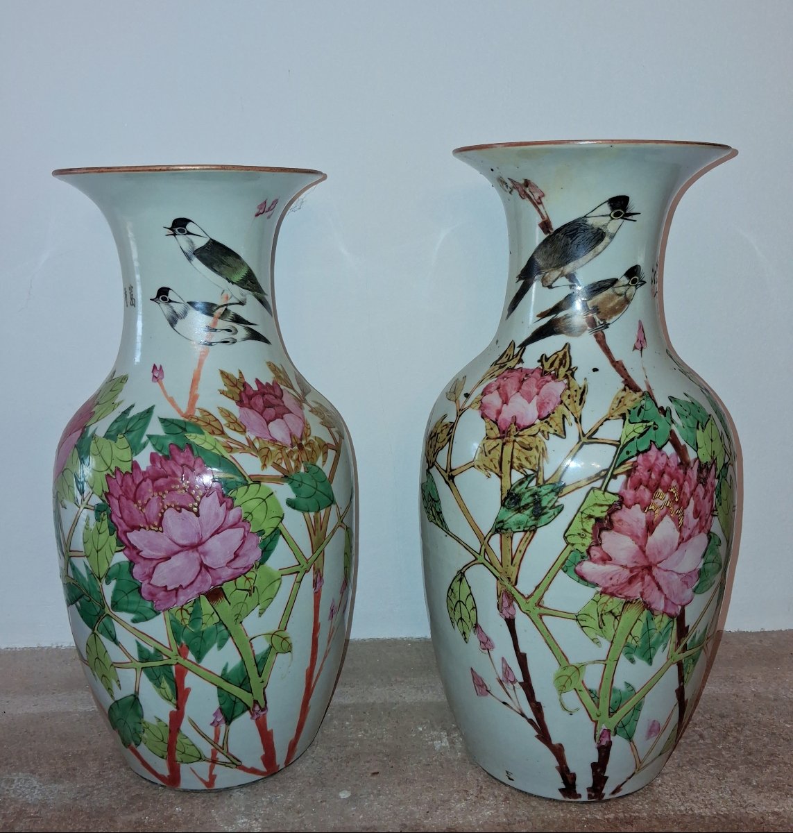 aire De Grands Vases Chinois En Porcelaine Décor Floral Et Oiseaux, XIXe Siècle  -photo-3