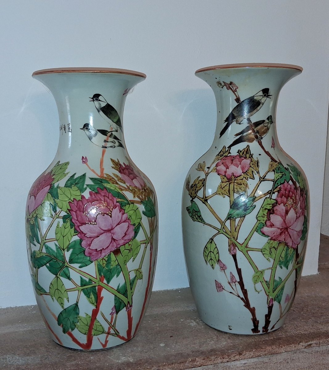 aire De Grands Vases Chinois En Porcelaine Décor Floral Et Oiseaux, XIXe Siècle  -photo-4
